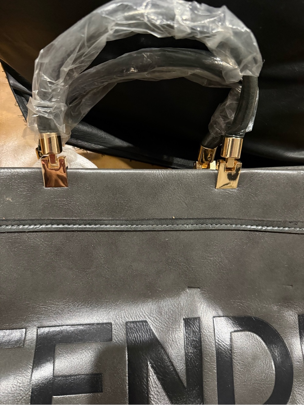 Dup F Grey with Black Leather Roma Logo Tote with Gold Hardware - Picture 2 of 4